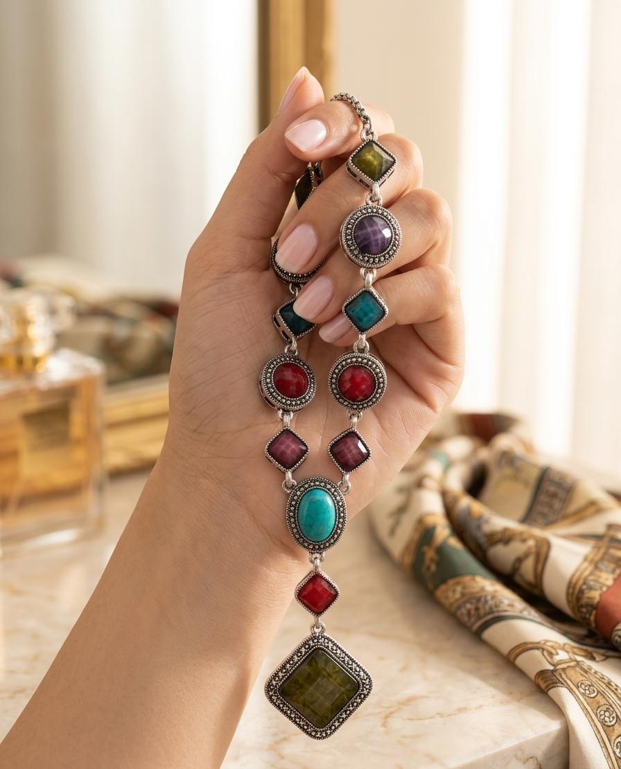 Multi-Stone Steel Polish Long Pendant Necklace
