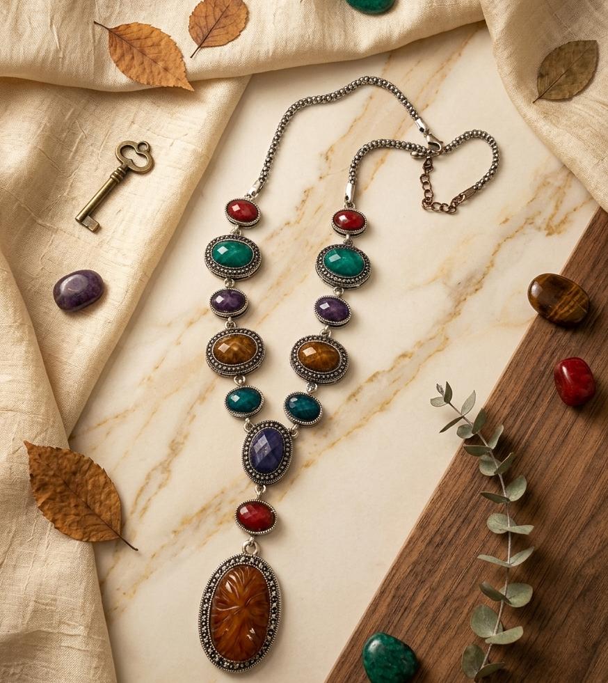 Multi-Stone Steel Polish Long Pendant Necklace