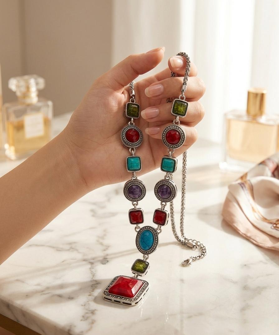 Multi-Stone Steel Polish Long Pendant Necklace