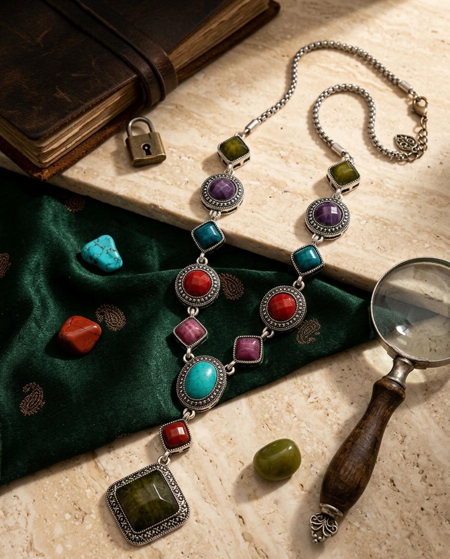 Multi-Stone Steel Polish Long Pendant Necklace