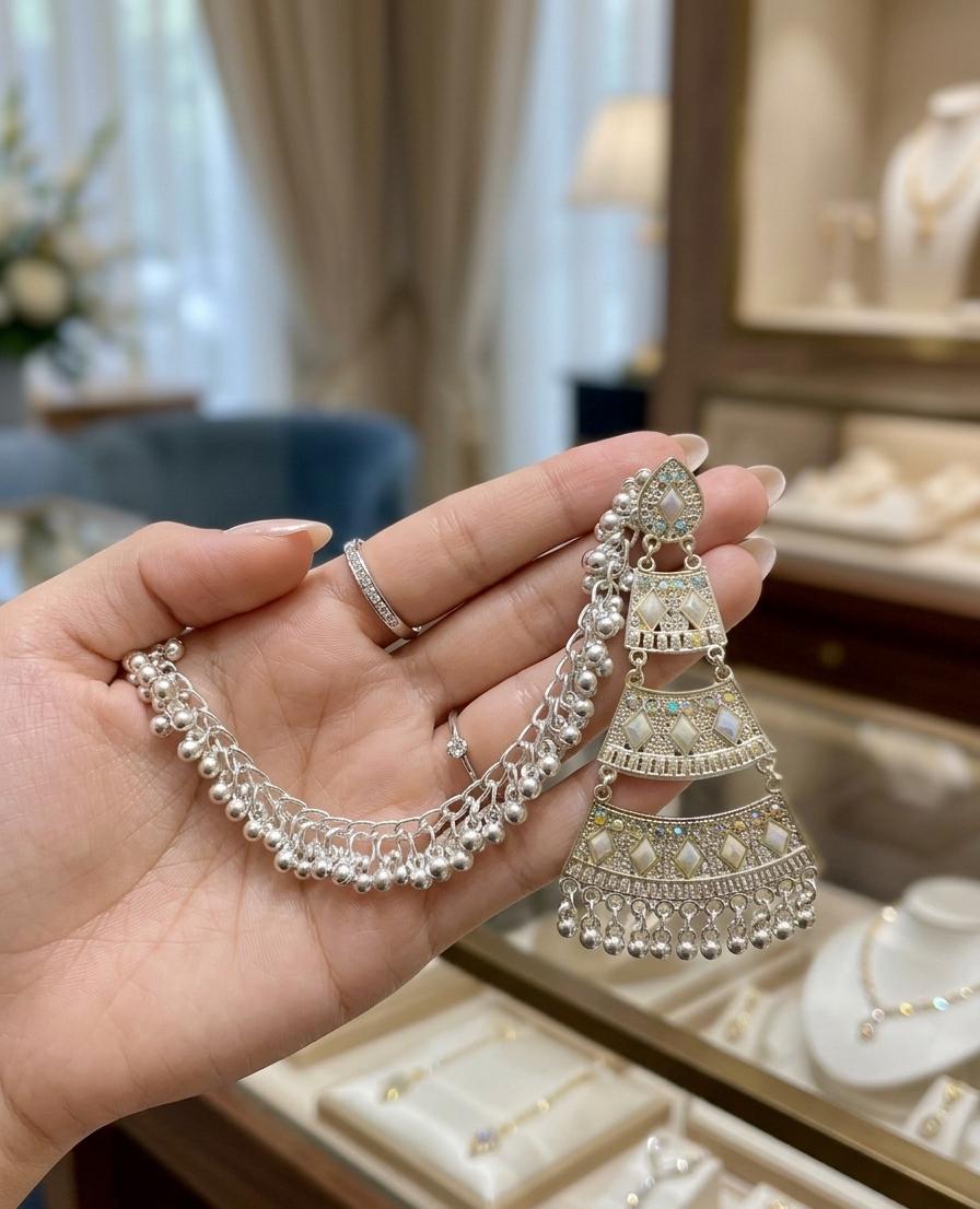 Indian Steel & Silver Polish Saharay with Earrings