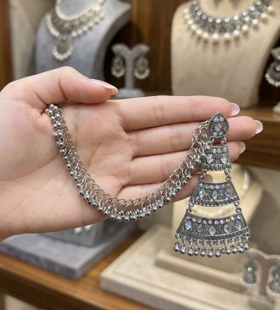 Indian Steel & Silver Polish Saharay with Earrings