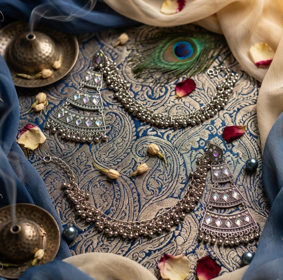 Indian Steel & Silver Polish Saharay with Earrings
