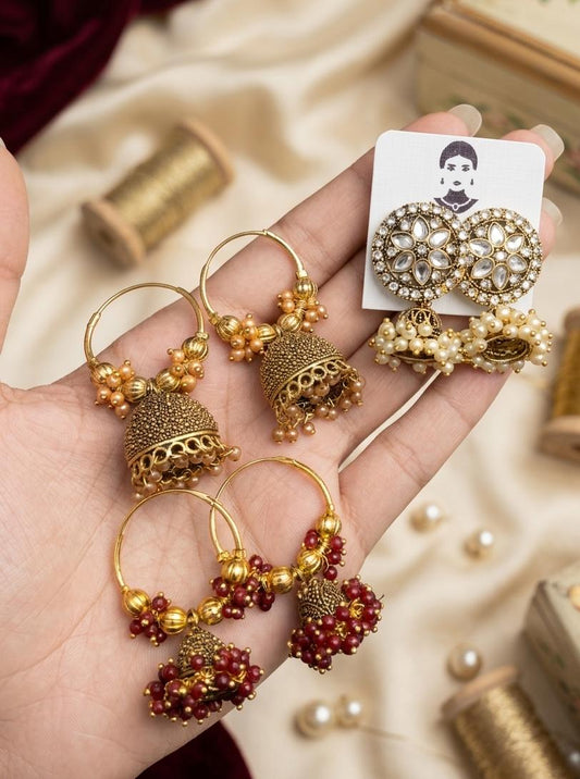 Indian Pearl 3-Piece Golden Gajra Bali Earrings