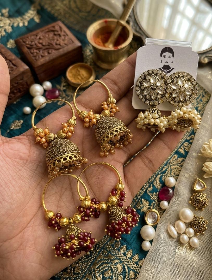 Indian Pearl 3-Piece Golden Gajra Bali Earrings