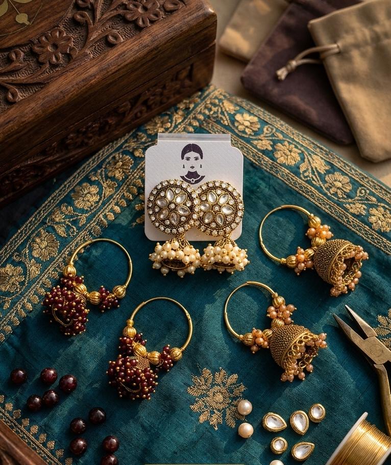 Indian Pearl 3-Piece Golden Gajra Bali Earrings