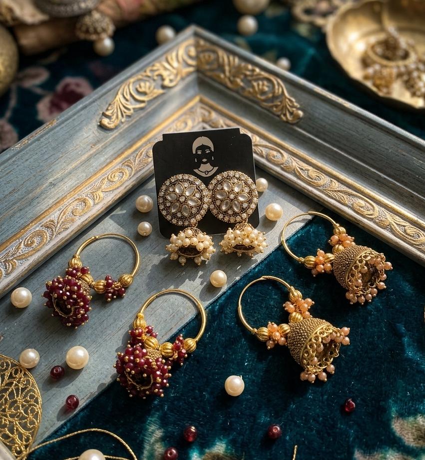 Indian Pearl 3-Piece Golden Gajra Bali Earrings